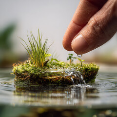 Fototapeta premium Fingertip ecosystem with small areas of bright green grass and natural water sources