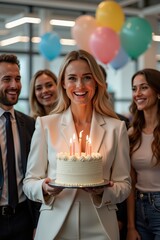 A white woman in a suit holds a birthday cake with a candle, surrounded by laughing coworkers. The office is decorated with colorful balloons