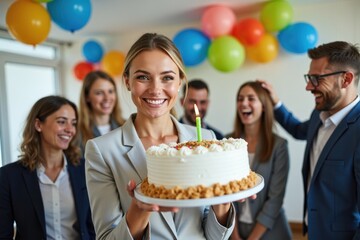 A white woman in a suit holds a birthday cake with a candle, surrounded by laughing coworkers. The office is decorated with colorful balloons