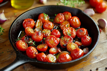 Sizzling cherry tomatoes roasted in olive oil with herbs and garlic, served in a cast iron skillet