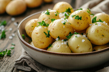 hearty bowl of whole, skin-on baby potatoes garnished with coarse sea salt and chopped parsley, presented on a rustic wooden table