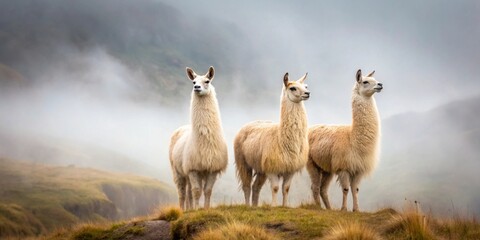 Three llamas standing on a hilltop amidst a misty landscape, gazing towards the horizon.