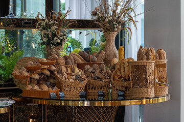 Bread products bakery display showcase restaurant store fresh assortment variety artisan loaves...