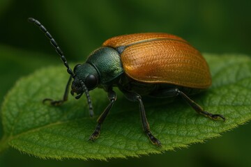 Naklejka premium Vibrant beetle on green leaf.