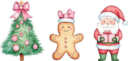 Fototapeta premium Watercolor Christmas Illustration Featuring Christmas Tree Gingerbread Cookie and Santa Claus on a White Background