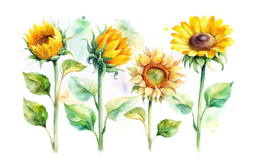 Naklejka premium set of watercolor Sunflower Branch vector illustration isolated on white background