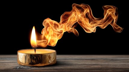 A lit candle with flickering flame and swirling smoke on a dark background