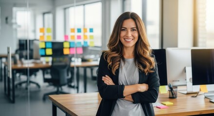 Confident Woman Standing in Modern Office with Crossed Arms