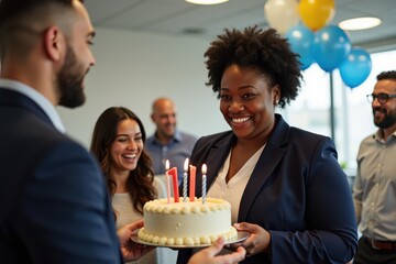 A plus-size black woman in a suit presents a birthday cake with a candle to a colleague. The office is decorated with balloons, and everyone is laughing and enjoying the moment