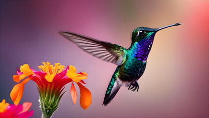 Fototapeta premium Vibrant hummingbird hovering near a bright flower with iridescent green feathers shining in natural light on a soft, gradient background.