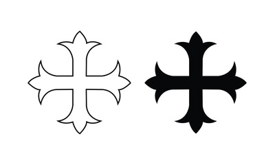 Minimalist gothic cross symbols in black and outline versions on a white background. Perfect for tattoo designs, heraldry, religious symbolism, medieval art, and vector illustrations.
