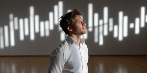 Businessman analyzing growth chart on laptop finance office visual data presentation modern workspace strategic insights