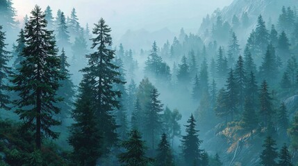 Obraz premium Misty Mountain Forest at Dawn Serene Blue and Green Landscape