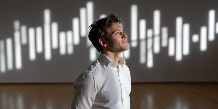 Businessman analyzing growth chart on laptop finance office visual data presentation modern workspace strategic insights