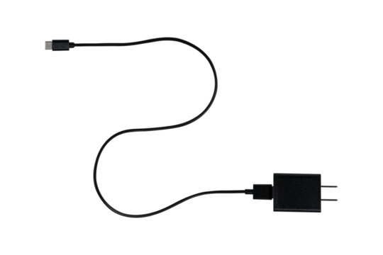 Smartphone charger with USB type C cable isolated on transparent background.