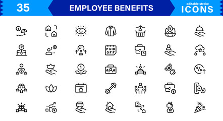 Employee Benefits Icon Set Representing Health, Retirement, Paid Leave, Bonuses, and Work-Life Balance Concepts in a Professional, Minimal Vector Design