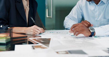 Finance, sign and business people with contract in meeting for B2B deal, legal advice or documents....