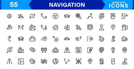 Navigation Icon Set Featuring Map, Compass, Direction, Location, and GPS Concepts in a Simple, Download-Ready, and Professional Vector Style