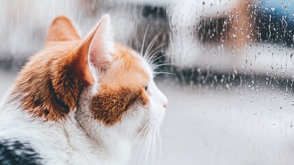 Domestic cat with orange and white fur gazes out a rain-soaked window, reflecting on the droplets, creating a serene atmosphere of contemplation and tranquility