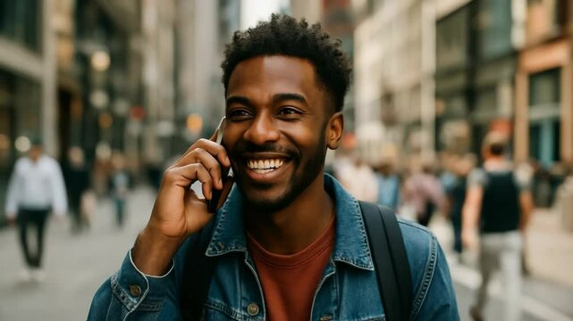 Young man enjoying a phone conversation in a busy urban environment during daylight hours