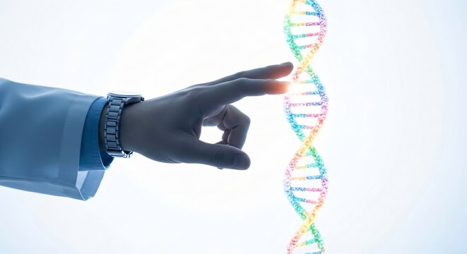 A glowing digital dna strand held by a scientist's hand for biotechnology research and genetic engineering innovation.