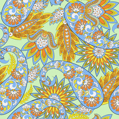 Paisley seamless vector pattern with fantastic flowers and leaves. Bohemian textile print inspired by batik. Vintage style