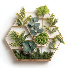 Vertical garden with various lush green plants in a hexagonal frame.
