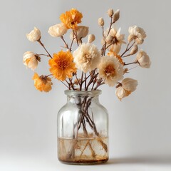 Dried flowers in a glass jar create a serene, minimalist display.