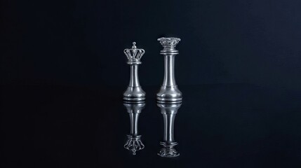 Silver chess pieces, a king and queen, elegantly displayed on a reflective surface, showcasing intricate details and craftsmanship against a dark background, symbolizing strategy and competition