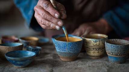 Final steps of hand-decorating a ceramic cup with glaze--artisanal pottery process captured