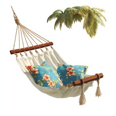Comfortable hammock with floral cushions and palm leaves above.