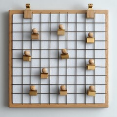 Grid display with wooden clips and textured background.