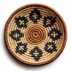 Handwoven circular basket with intricate geometric patterns.