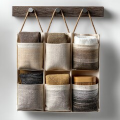 Organized fabric storage pockets hung on a wall.