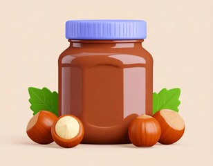3D-style chocolate hazelnut jar with hazelnuts beside, cute icon