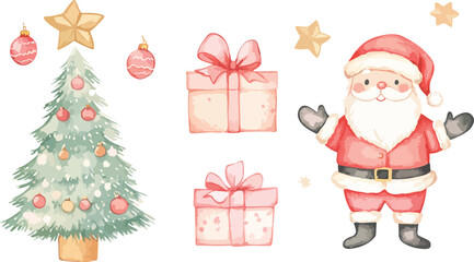 Fototapeta premium Watercolor Christmas Illustration with Santa Claus Christmas Tree Gifts and Stars on White Background