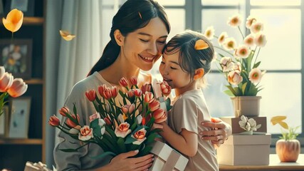 child giving flowers to smiling mother, mother's day celebration