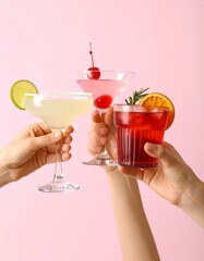 Three vibrant cocktails held up against pink background — margarita with lime, pink martini with cherry, and red negroni with rosemary and dried orange.