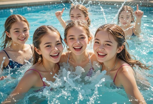 Group young happy girls playing swimming pool on summer vacation. Kids friends having fun. Water splash, sun light. Cheerful moments on holiday. Active lifestyle. Concept of fun joy, 32k resolution