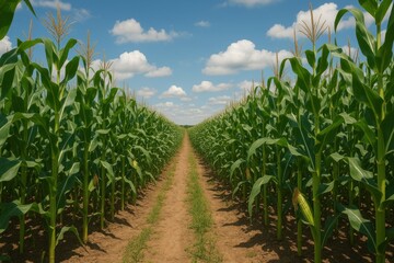 Naklejka premium Lush cornfield under blue sky.
