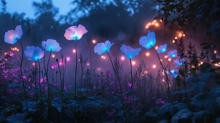 Nighttime garden with glowing bioluminescent flowers and soft fog.