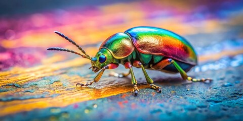 Fototapeta premium Vibrant Jewel Beetle Crawls Across a Multicolored Surface, Showing Intricate Details and Vivid Hues