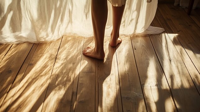 Barefoot steps on wooden floor, morning shadows through curtains.