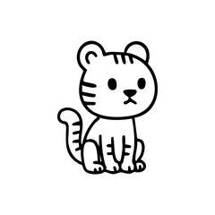 Cute black and white line drawing of a cartoon tiger
