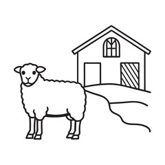 line art of traditional sheep beside stone barn