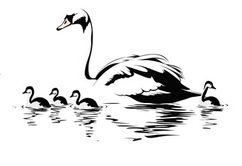 A beautiful painting of a family of swans in a natural river.