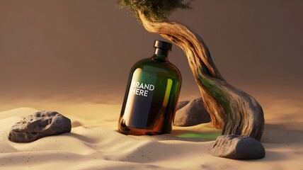 Emerald to black fade bottle in golden sand with twisted root – Ideal for premium skincare packaging, minimalist product showcases, or luxury brand visuals.