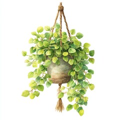 A lush green plant with heart-shaped leaves in a hanging pot suspended by a rope, illustrated in a light, natural style on a white background.