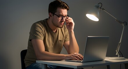 Tired young man works late at night on his laptop, illuminated by a desk lamp, rubbing his eyes in exhaustion.