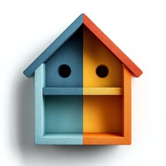 A colorful wooden birdhouse with two circular entry holes, divided vertically into blue and orange halves, showcasing a minimalist and modern design.